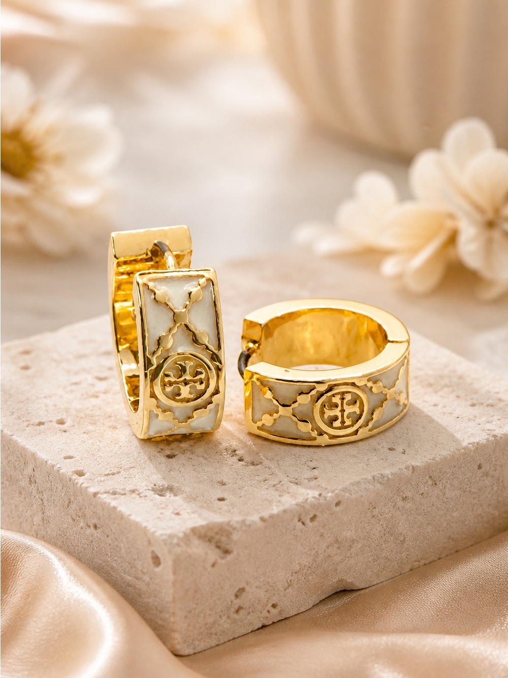 Tory Burch White and Gold T-Monogram Huggie Earrings